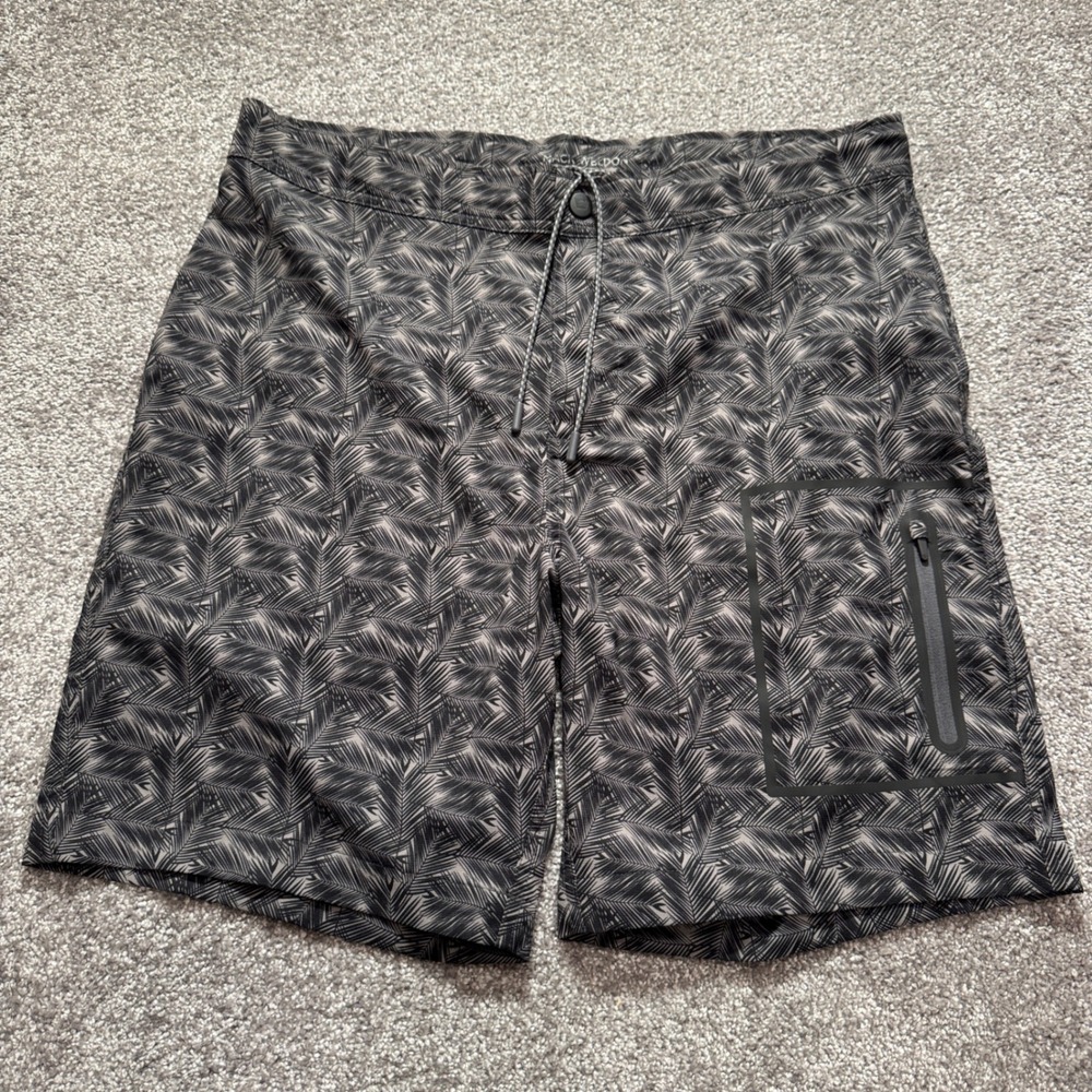Mack Weldon Swim Board Shorts Mens 35 Gray Palm Print Tropical Beachwear Surf